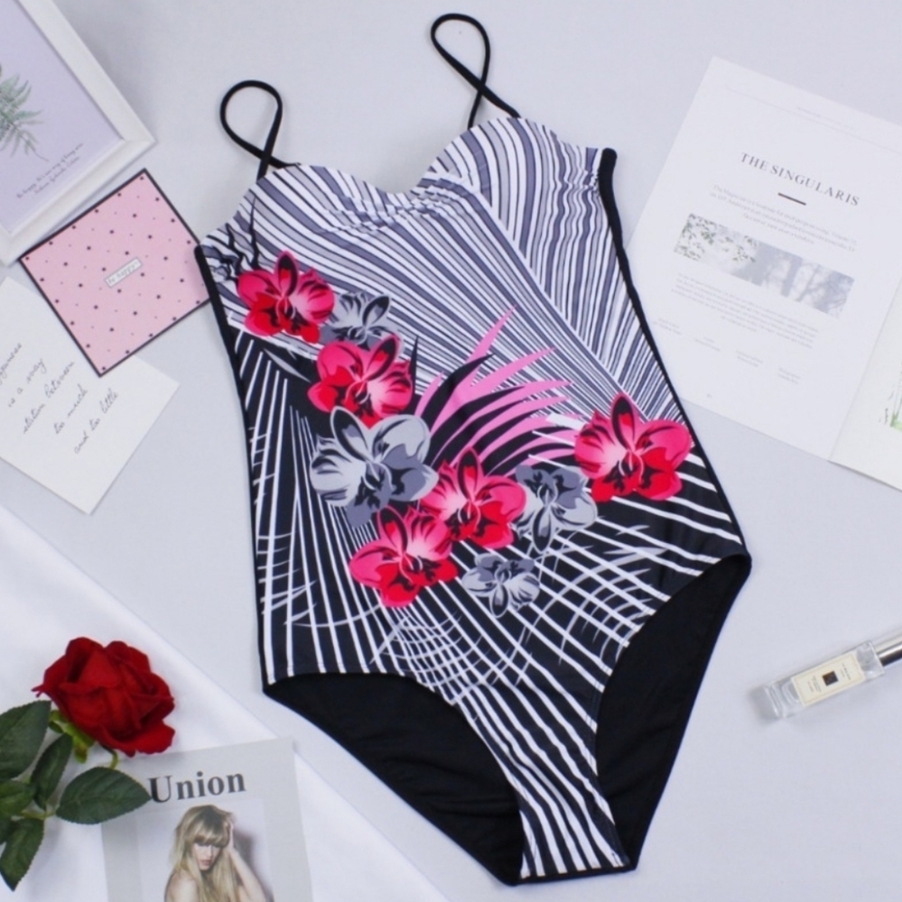 Black Floral Print One Piece Swimsuit